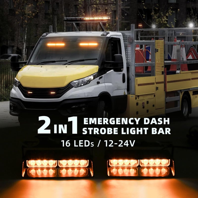 PKINGLAKE 2 in 1 LED Emergency Dash Strobe Light Bar Front/Rear Windshield Safety Flashing Warning Hazard Interior Lights for Police Firefighter Construction Vehicles Trucks (2x7.5 inch, Amber/Amber) - Image 2