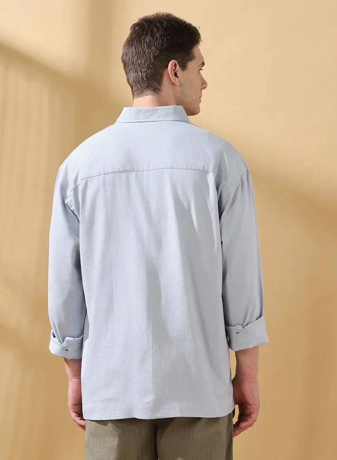 Dennis Lingo Men's Light Grey Slub Fabric Doha Solid Pattern Button Down Relaxed Shirt