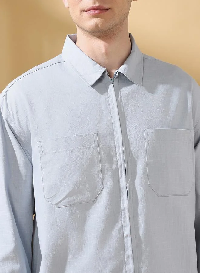 Dennis Lingo Men's Light Grey Slub Fabric Doha Solid Pattern Button Down Relaxed Shirt