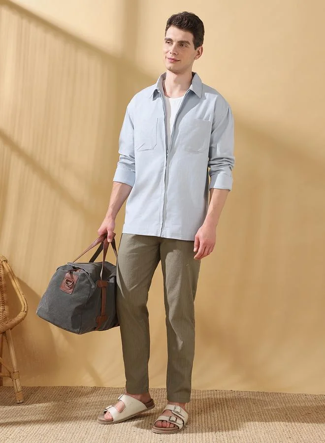 Dennis Lingo Men's Light Grey Slub Fabric Doha Solid Pattern Button Down Relaxed Shirt