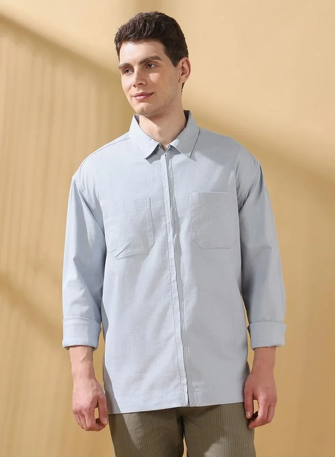 Dennis Lingo Men's Light Grey Slub Fabric Doha Solid Pattern Button Down Relaxed Shirt