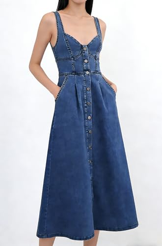 utcoco Denim Dress for Women Sleeveless Button Down Slim Fit Midi Jean Dresses for Women 2026 (Large, Dark Blue) - Image 5