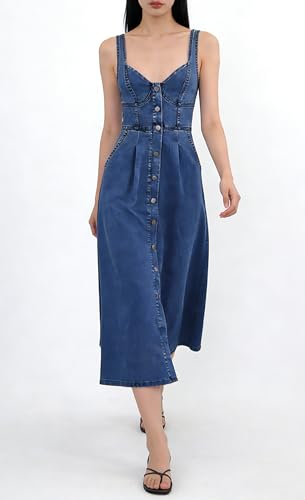 utcoco Denim Dress for Women Sleeveless Button Down Slim Fit Midi Jean Dresses for Women 2026 (Large, Dark Blue) - Image 3