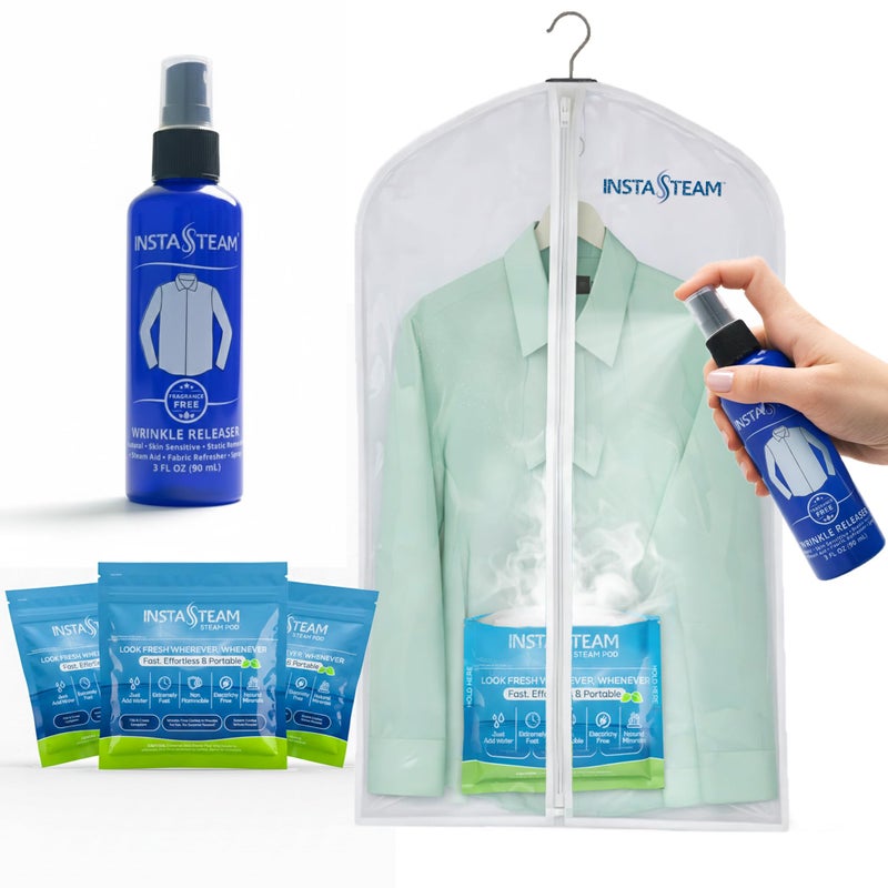 InstaSteam Electricity-Free Portable Travel Steamer For Clothes, Cruise & TSA Compliant, Kit including 3 Wrinkle Release Pods, Wrinkle Release Spray & Garment Bag, Mini Steamer, Eco-Friendly - Image 1