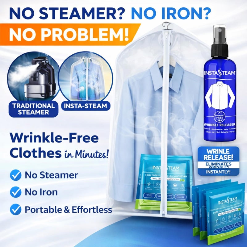 InstaSteam Electricity-Free Portable Travel Steamer For Clothes, Cruise & TSA Compliant, Kit including 3 Wrinkle Release Pods, Wrinkle Release Spray & Garment Bag, Mini Steamer, Eco-Friendly - Image 3