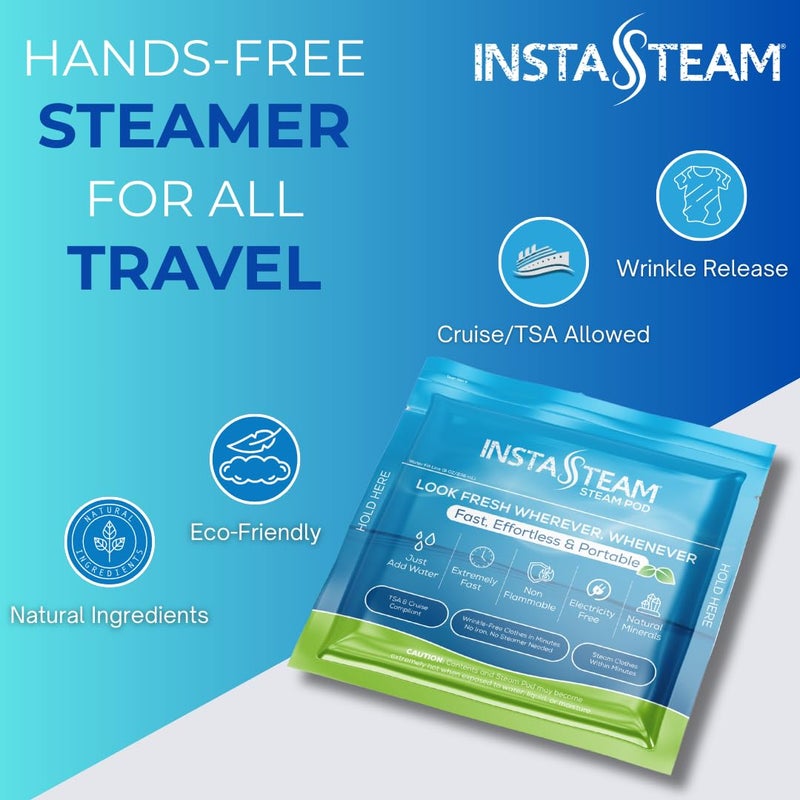 InstaSteam Electricity-Free Portable Travel Steamer For Clothes, Cruise & TSA Compliant, Kit including 3 Wrinkle Release Pods, Wrinkle Release Spray & Garment Bag, Mini Steamer, Eco-Friendly - Image 2