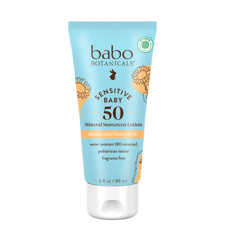 Babo Botanicals لوشن واقي شمس معدني للأطفال من بابل بوتانيكالز SPF50 - أكسيد الزنك الطبيعي - للوجه والجسم - خالي من العطور - مقاوم للماء - معتمد من EWG - نباتي - للبشرة الحساسة جداً - للأطفال والرضع - Image 1