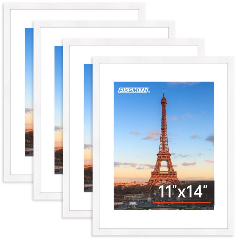 FIXSMITH 11x14 Picture Frame Bulk-4 Pack  Photo Frame with HD Plexiglass  Display Pictures 8x10 with Mat or 11x14 Without Mat  White Picture Frames Collage Wall Decor  Gallery Wall Frame - Image 1