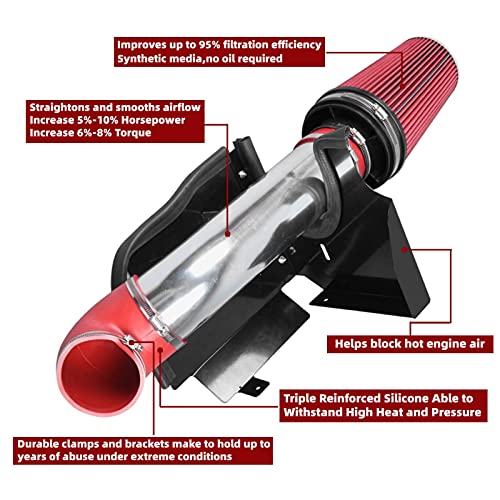 OBUYTO 4 Inch Performance Cold Air Intake Filter Kit with Shield for 99-06 GMC Chevy V8 4.8L 5.3L 6.0L Silverado 1500 2500 3500 Silver & Red - Image 2