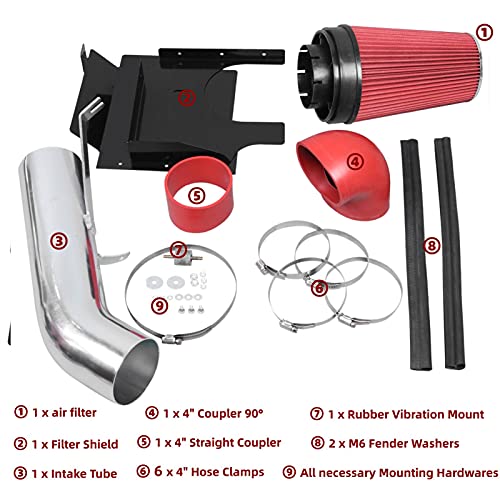 OBUYTO 4 Inch Performance Cold Air Intake Filter Kit with Shield for 99-06 GMC Chevy V8 4.8L 5.3L 6.0L Silverado 1500 2500 3500 Silver & Red - Image 3