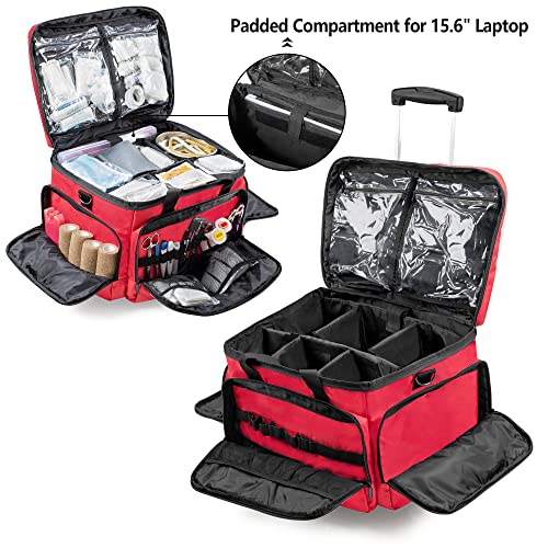 Trunab Rolling Medical Bag with Detachable Trolley, Nurse Rolling Bag with Removable Dividers 15.6” Laptop Sleeve, First Aid Responder Bag Empty for Home Health Nurses, Doctors, EMT, EMS - Image 2