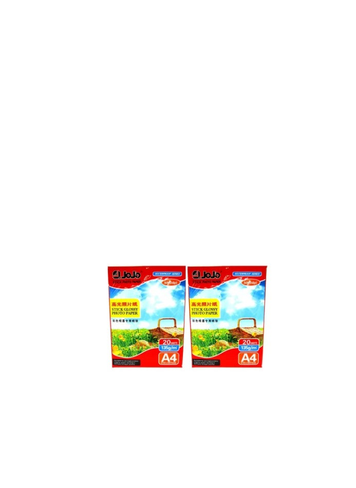 JOJO 20 Sheets Jojo Photo Paper Stick Glossy photo paper Waterproof 135gsm Size A4 ( 2 pack) totoal 40 sheets  - Image 1