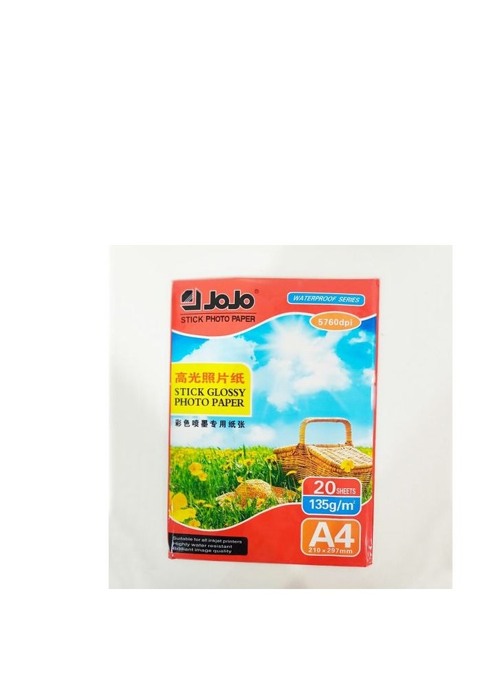 JOJO 20 Sheets Jojo Photo Paper Stick Glossy photo paper Waterproof 135gsm Size A4 ( 2 pack) totoal 40 sheets  - Image 2