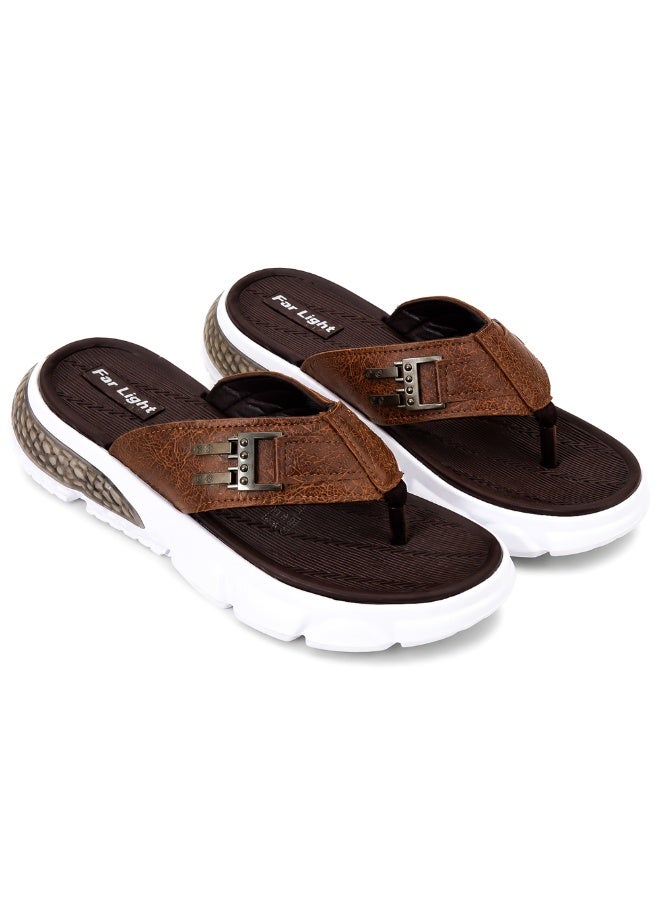 Men's Leather Flip Flop, Cushioned Footbed, Lightweight Thick Sole, Soft Toe Post, Anti-Slip Casual Beach & Everyday Slippers
