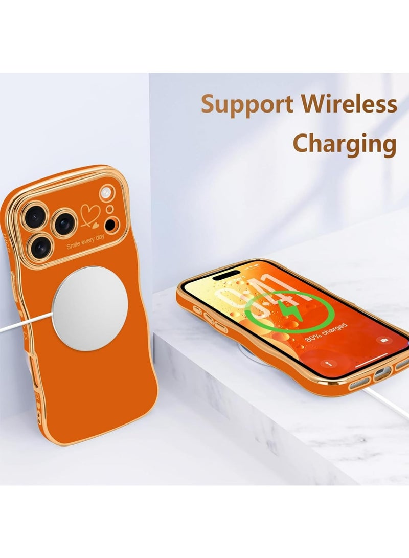 PULUZ iPhone 17 Pro Max Case for Women Girls, Cute Wave Frame Curly Shape with Love Heart Pattern Raised Camera Protection Cover Luxury Plating Shockproof Phone Case for iPhone 17 Pro Max,Orange - Image 5