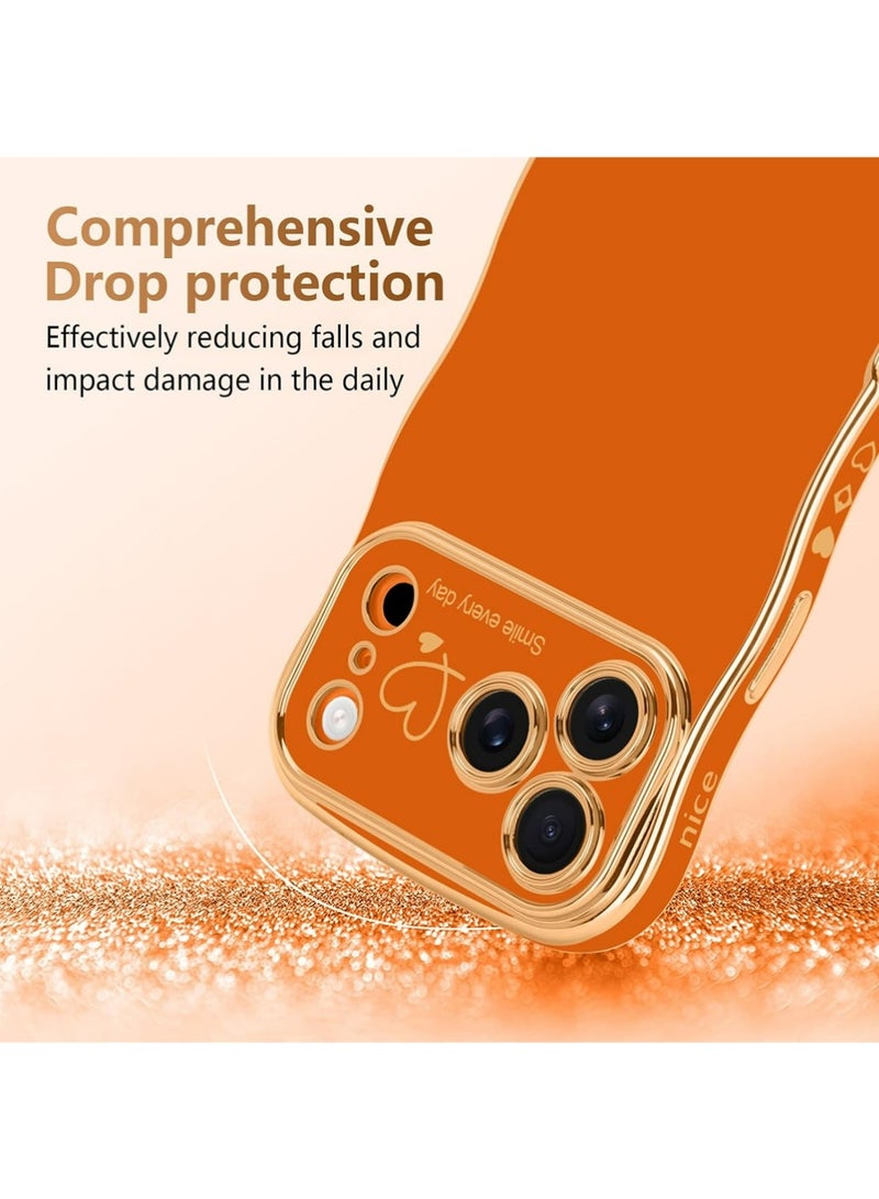 PULUZ iPhone 17 Pro Max Case for Women Girls, Cute Wave Frame Curly Shape with Love Heart Pattern Raised Camera Protection Cover Luxury Plating Shockproof Phone Case for iPhone 17 Pro Max,Orange - Image 3