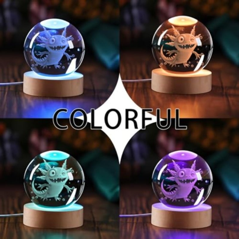 3D Axolotl Crystal Ball Night Light 2.36 inch Crystal Night Light with Wooden Base 16 Colors Change, Glass Figurine Lamp Gift for Birthday Xmas for Room Decor Boys Girls Wife Girlfriend Mom - Image 2