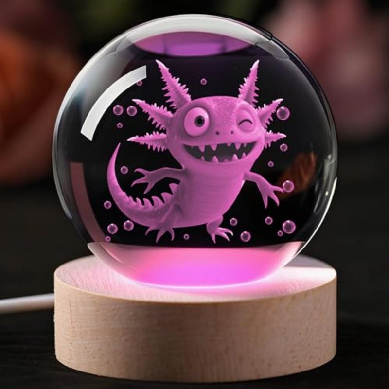 3D Axolotl Crystal Ball Night Light 2.36 inch Crystal Night Light with Wooden Base 16 Colors Change, Glass Figurine Lamp Gift for Birthday Xmas for Room Decor Boys Girls Wife Girlfriend Mom - Image 1