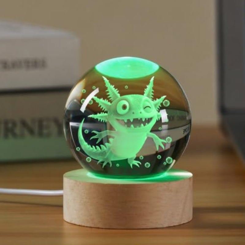 3D Axolotl Crystal Ball Night Light 2.36 inch Crystal Night Light with Wooden Base 16 Colors Change, Glass Figurine Lamp Gift for Birthday Xmas for Room Decor Boys Girls Wife Girlfriend Mom - Image 4