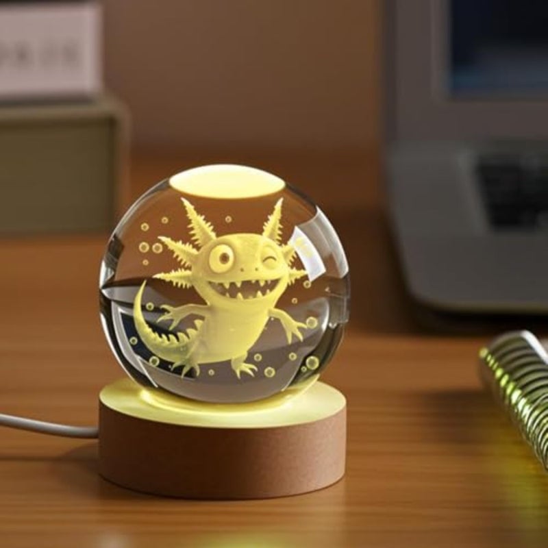 3D Axolotl Crystal Ball Night Light 2.36 inch Crystal Night Light with Wooden Base 16 Colors Change, Glass Figurine Lamp Gift for Birthday Xmas for Room Decor Boys Girls Wife Girlfriend Mom - Image 3