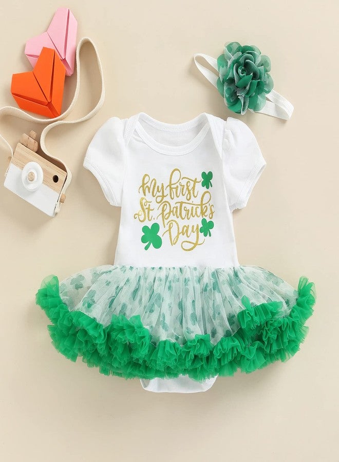 Rtnnsbbfcm Newborn Baby Girl My 1st St. Patrick's Day Outfit Short Sleeve Letter Tutu Romper Dress Headband 2Pcs Set (0-3 Months,Letter) - Image 2