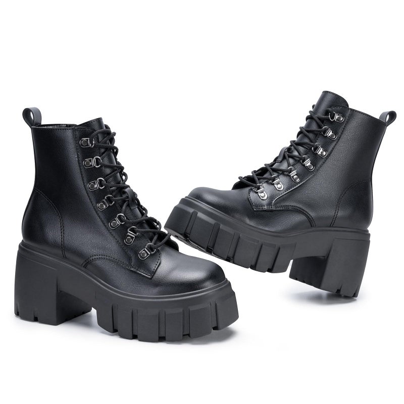 FITORY Womenâ€™s Combat Boots Lightweight Lace up Side Zipper Ankle Botas High Heel Chunky Platform Lug Sole Booties 2026 Black Size 9 - Image 1