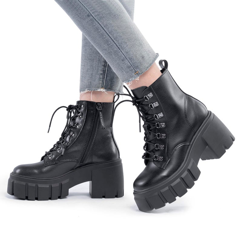 FITORY Womenâ€™s Combat Boots Lightweight Lace up Side Zipper Ankle Botas High Heel Chunky Platform Lug Sole Booties 2026 Black Size 9 - Image 2