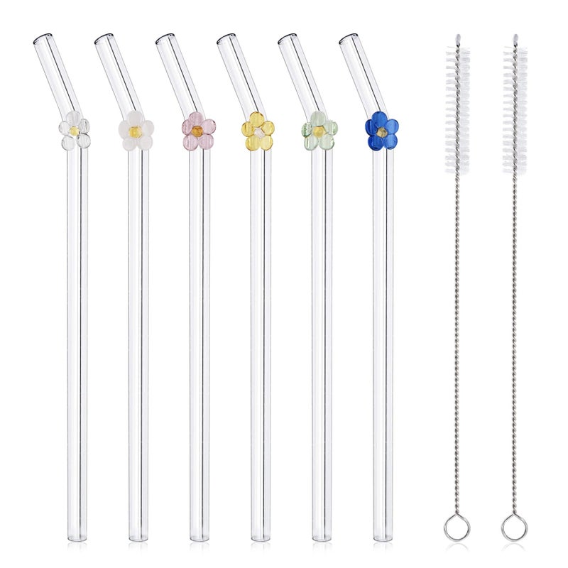 DUMING-IN 6 Pack Reusable Glass Straws, 7.9"Ã—8mm Cute Colorful Flower Glass Straw Shatter Resistant, With 2 Cleaning Brush Dishwasher Safe for Smoothies, Milkshakes, Juices, Teas - Image 1