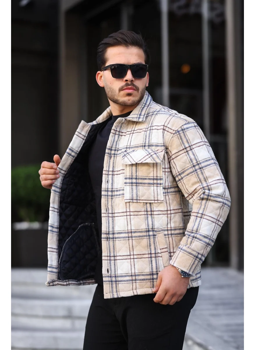 Miron Beige Ecru Plaid Quilted Detail Regular Fit JACKET-2454
