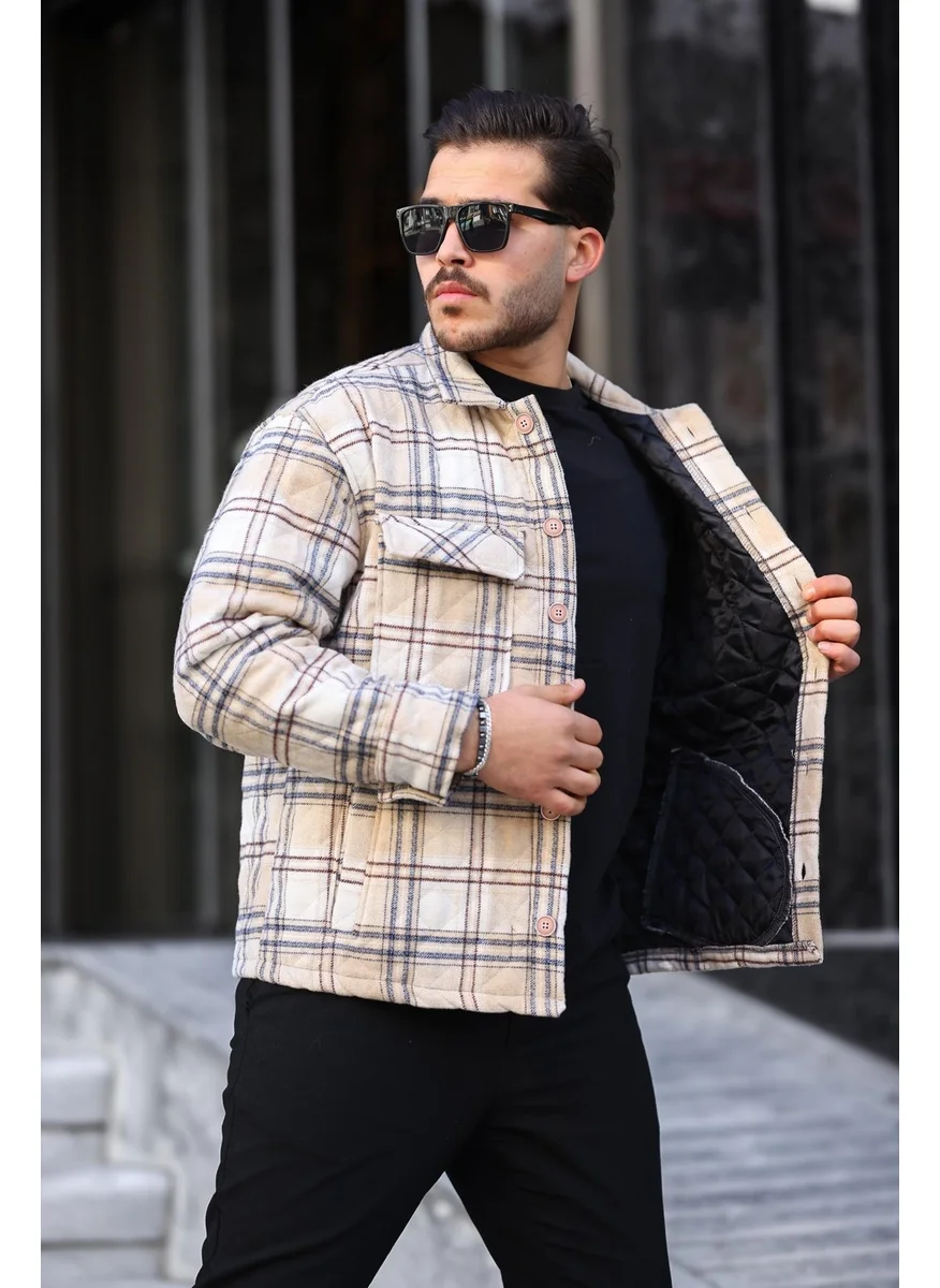 Miron Beige Ecru Plaid Quilted Detail Regular Fit JACKET-2454
