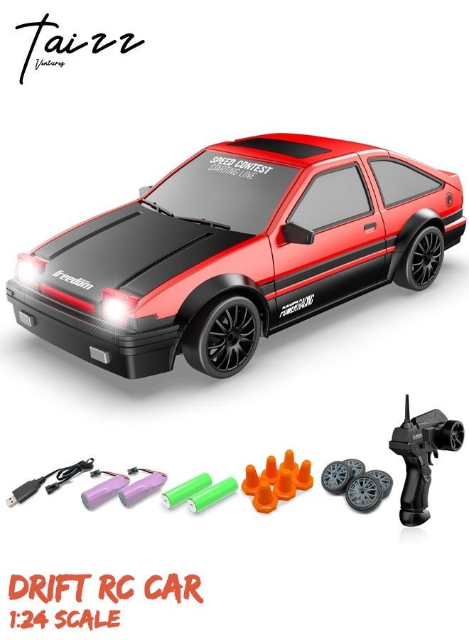 Taizz Ventures 1:24 Scale RC Drift Car, 10MPH 4WD Remote Control Car with LED Light, Racing and Drifting Wheels, 2 Rechargeable Batteries, Toy for Boys, Girls, Kids - Red - Image 1