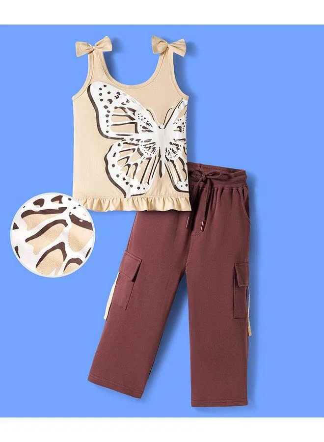 Ollington St. Ollington St. Sinker Knit Sleeveless Top & Culottes Set With Butterfly Print & Bow Applique - Beige & Brown