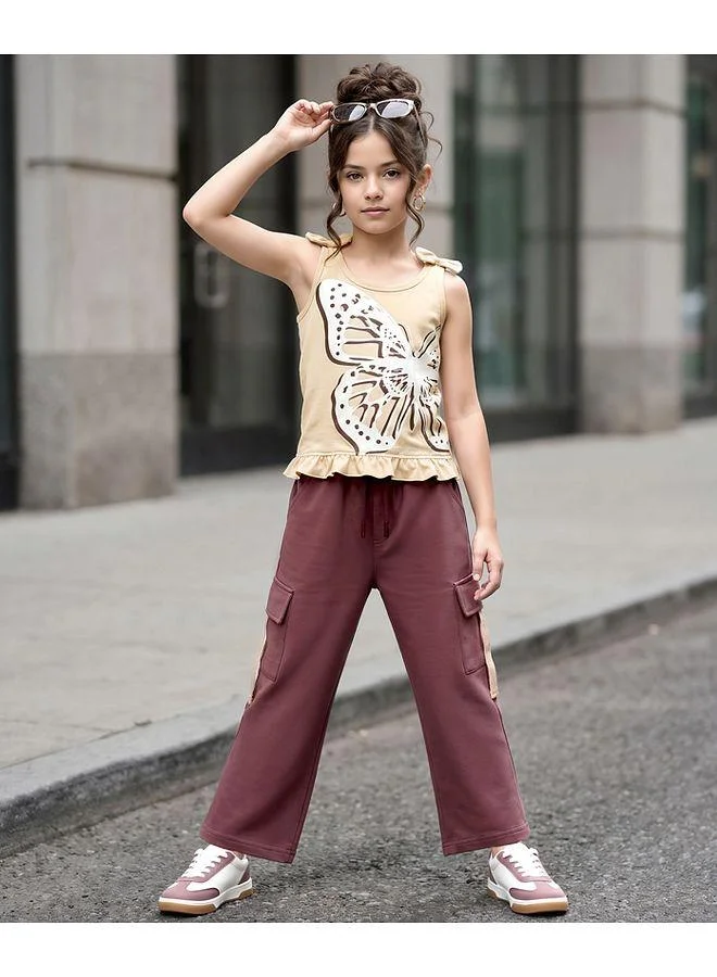 Ollington St. Ollington St. Sinker Knit Sleeveless Top & Culottes Set With Butterfly Print & Bow Applique - Beige & Brown