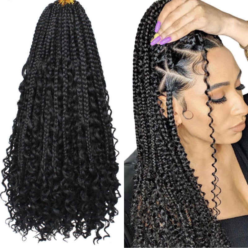Beverlee 18 Inch Boho Box Braids 8 Packs Goddess Box Braids Crochet Hair Bohemian Hippie Braids Braiding Hair Box Braids with Curly Ends Messy Prelooped Synthetic Crochet Hair for Women 1B