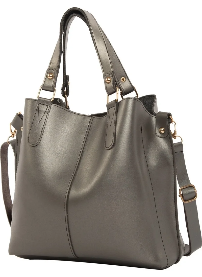 Bagmori Silver Three Compartment Bag with Snap Detail