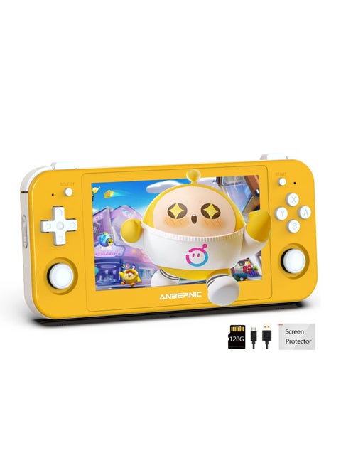 RG505 Retro Game Handheld Game Console with 128GB TF-card Built-in 3000+ Games, 4.95-inch OLED Touch Screen with Android 12 System, Unisoc Tiger T618 and Compatible with Google Play Store (Yellow)