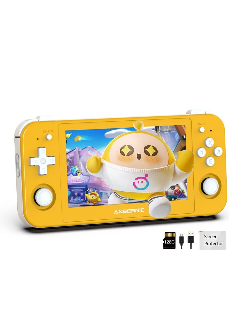 ANBERNIC  RG505 Retro Game Handheld Game Console with 128GB TF-card Built-in 3000+ Games, 4.95-inch OLED Touch Screen with Android 12 System, Unisoc Tiger T618 and Compatible with Google Play Store (Yellow)  - Image 1
