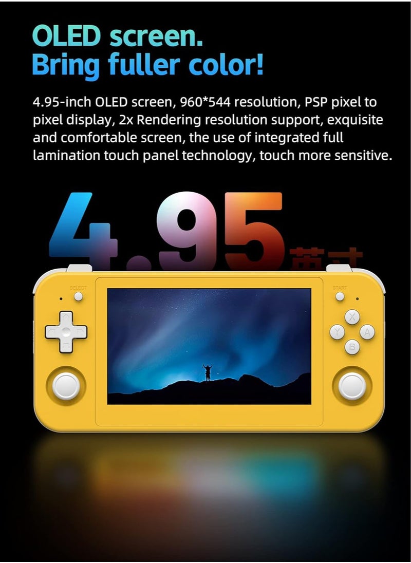 ANBERNIC  RG505 Retro Game Handheld Game Console with 128GB TF-card Built-in 3000+ Games, 4.95-inch OLED Touch Screen with Android 12 System, Unisoc Tiger T618 and Compatible with Google Play Store (Yellow)  - Image 3