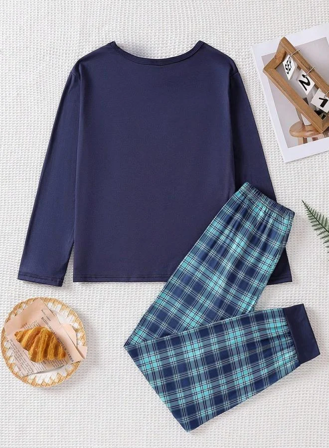 Take Two Boys Navy Blue T-Shirt and Checked Pyjama Set