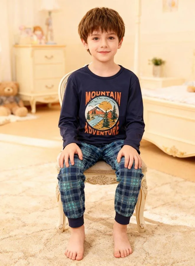 Take Two Boys Navy Blue T-Shirt and Checked Pyjama Set