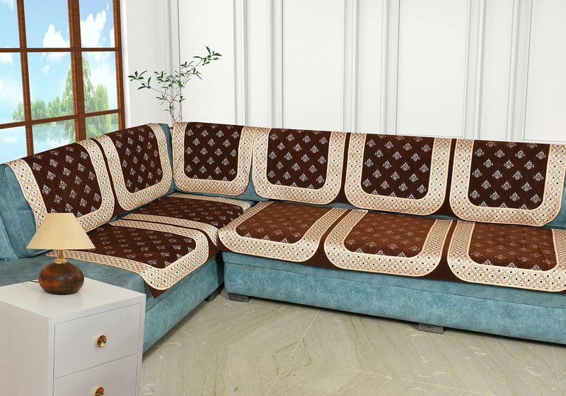 SAWNA HOMES L Shape 7 Seater Velvet Sofa Cover Set with Coushions Cover | Printed Back Covers with Ties | Anti-Slip Royal Look Sofa Protector for 3,2,1 Seater Sofa for Living Room (11 Pcs, Coffee) - Image 2