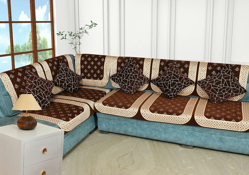 SAWNA HOMES L Shape 7 Seater Velvet Sofa Cover Set with Coushions Cover | Printed Back Covers with Ties | Anti-Slip Royal Look Sofa Protector for 3,2,1 Seater Sofa for Living Room (11 Pcs, Coffee) - Image 1