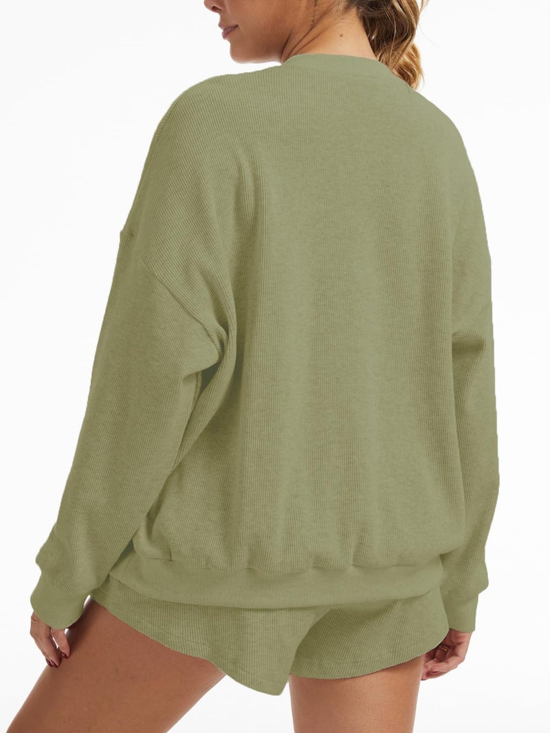 AnotherChill Women's Oversized Waffle Knit Lounge Set Long Sleeve Sweatshirt and High Waisted Shorts 2 Piece Casual Outfit (Green, Small) - Image 3