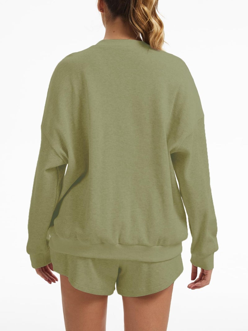 AnotherChill Women's Oversized Waffle Knit Lounge Set Long Sleeve Sweatshirt and High Waisted Shorts 2 Piece Casual Outfit (Green, Small) - Image 4