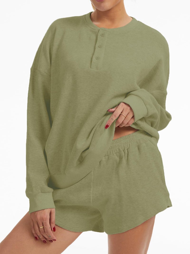 AnotherChill Women's Oversized Waffle Knit Lounge Set Long Sleeve Sweatshirt and High Waisted Shorts 2 Piece Casual Outfit (Green, Small) - Image 2