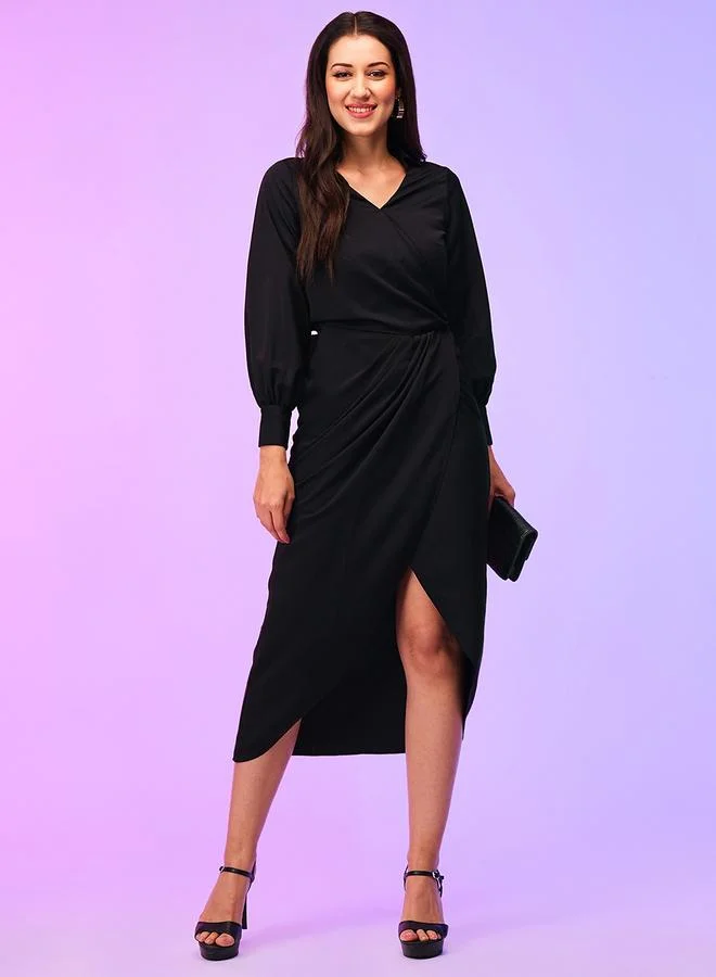 globus Globus Women Black Solid Wrap Look A-Line Midi Dress with Tulip Hem