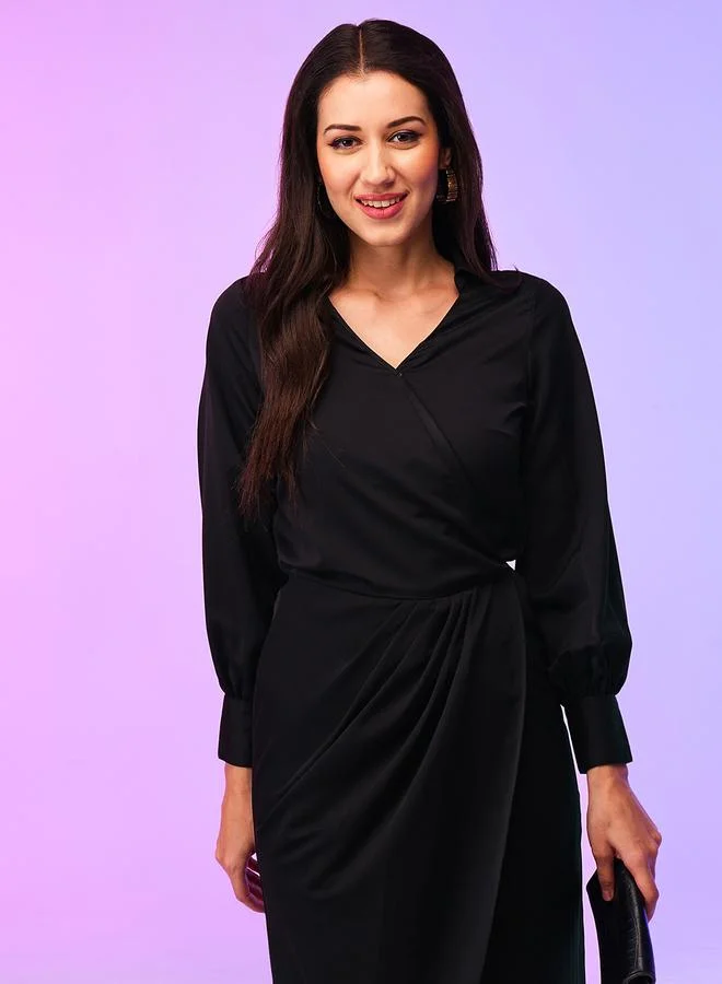 globus Globus Women Black Solid Wrap Look A-Line Midi Dress with Tulip Hem