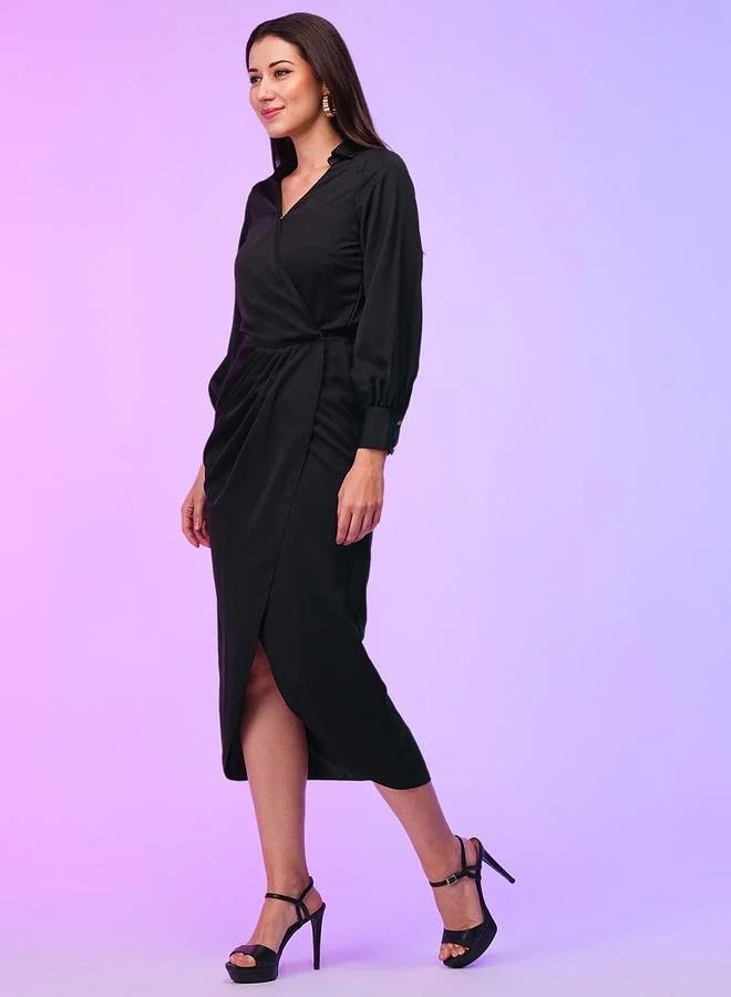 globus Globus Women Black Solid Wrap Look A-Line Midi Dress with Tulip Hem