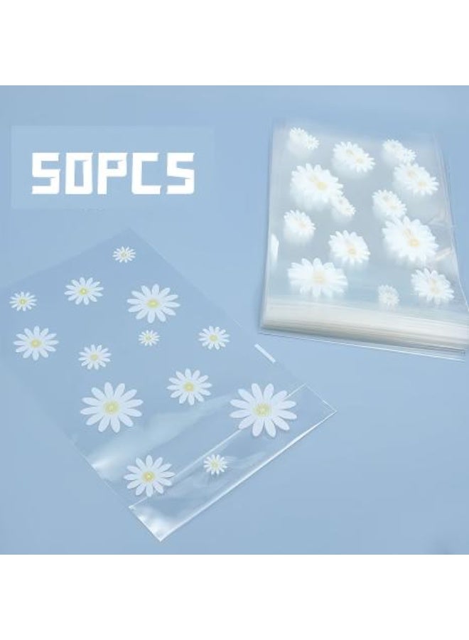 50pcs Gusseted cellophane Bags Little White Daisy Cookie Bags (Size 5.9"x9"x2" with Gold Twist Ties, Best Gusset Bag for Presenting Packaged Treats, Candy, Popcorn etc. - Image 3