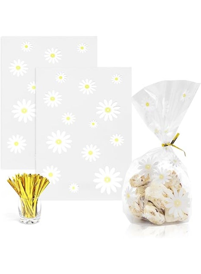 50pcs Gusseted cellophane Bags Little White Daisy Cookie Bags (Size 5.9"x9"x2" with Gold Twist Ties, Best Gusset Bag for Presenting Packaged Treats, Candy, Popcorn etc. - Image 1